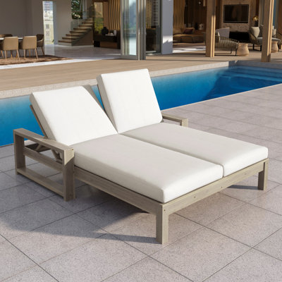 Outdoor Double Lounge Chaise, Solid Wood Patio Chaise Lounge With Cushions