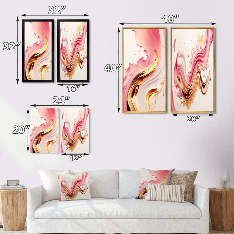 «Bold Pink and Gold Flow III», 2 pièces sur toile, Toile tendue, H 20 po x l 24 po