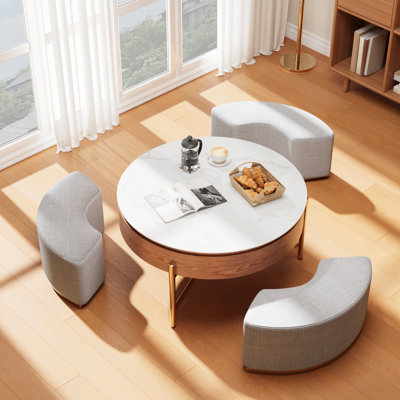 Round Lift Top Coffee Table With Storage, Nesting Table With 3 Stools & Stainless Steel Legs by Edrosie Inc
