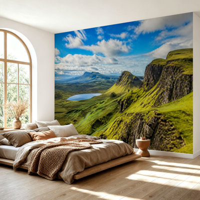 Wall Mural Peel and Stick Wallpaper View Quiraing Isle Skye Scotland mountain lake cloud Self-Adhesive Removable Contact Paper Wall Decor for Living Room Bedroom 69"H x 96"W