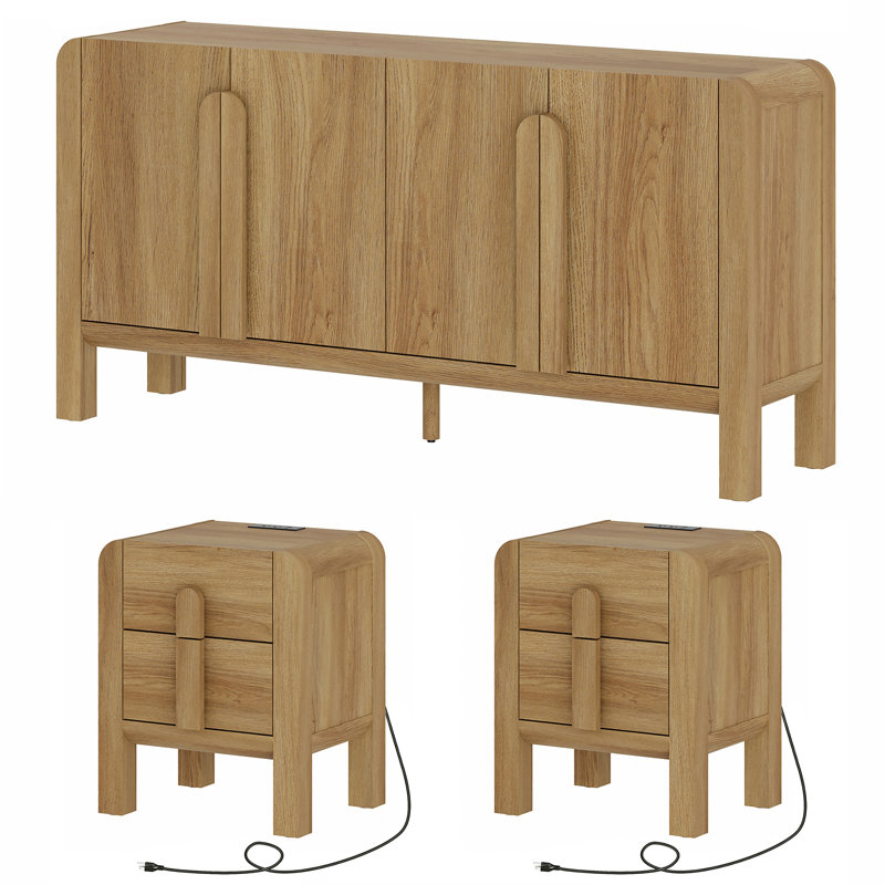 Ensemble de commode et de table de chevet de style Mid-Century moderne, ensemble de chambre à coucher 3 pièces, ensemble de table de chevet de 2, commode à profil incurvé, ensemble de commode en bois