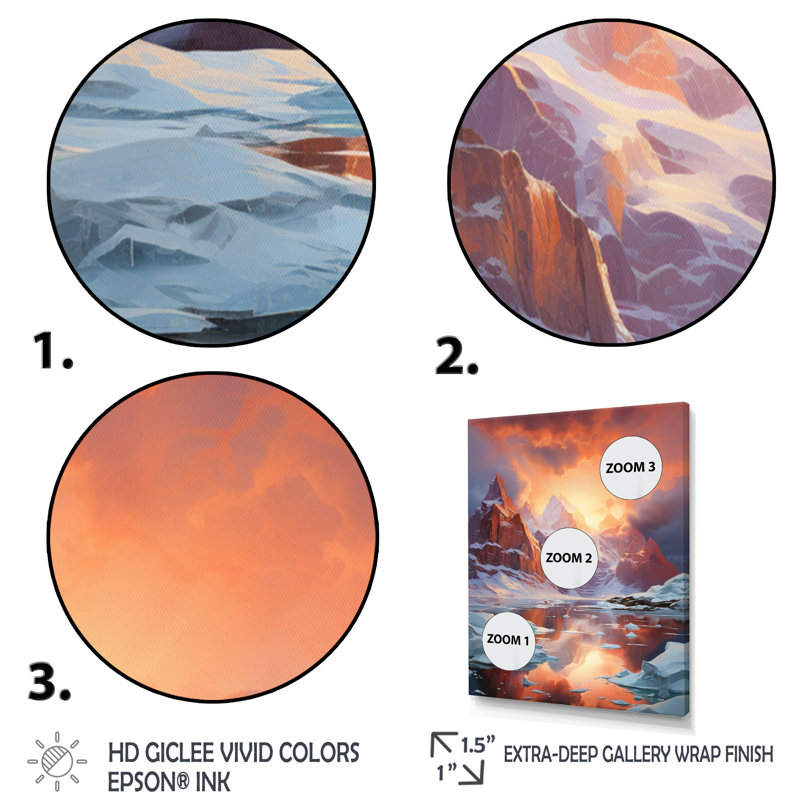 «Coral Orange Iceberg Glacial Symphony II», reproduction sur toile, H 44 po x l 34 po x P 1,5 po, Cadre flottant blanc