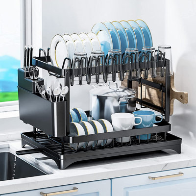 Dish Drying Rack for Kitchen Counter with Drainboard, Large 2 Tier Dish Rack and Drainboard Set