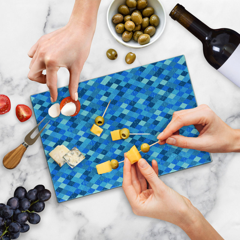 Ambesonne Blue Tempered Glass Cutting Board Diagonal Checked Pattern Turquoise Dark Blue