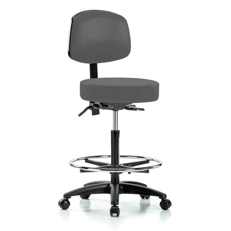 Gustav PERCH Walter Height Adjustable Doctor's Stool with Back and Foot Ring | High Bench Height 25-35", Charcoal Vinyl