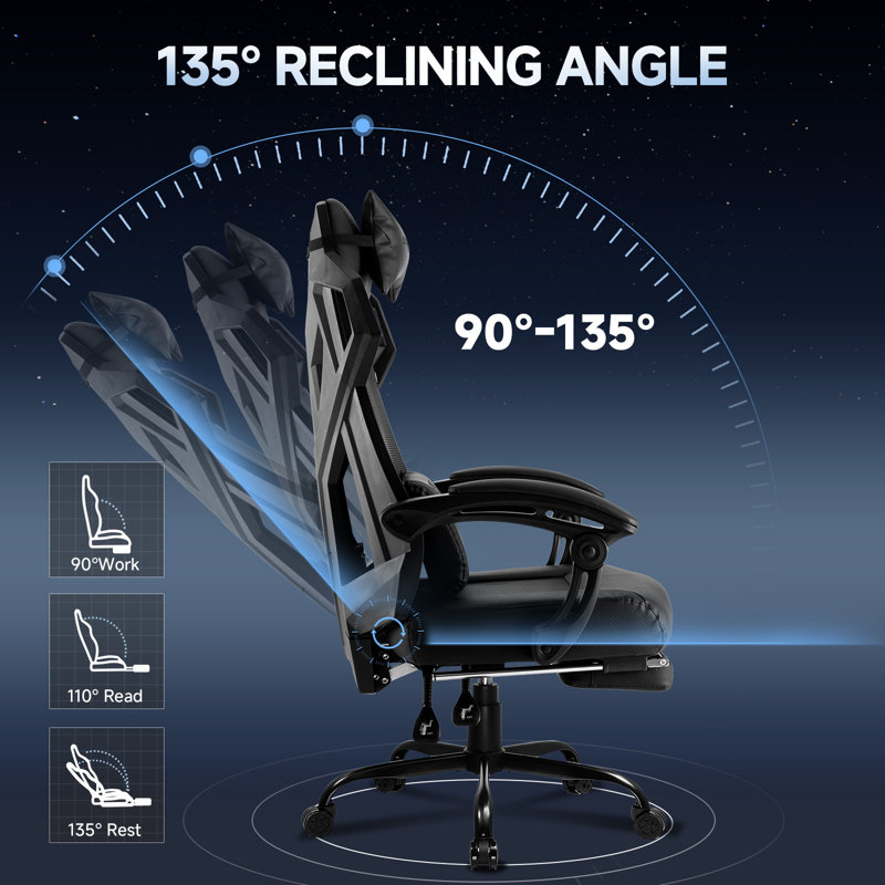 Gaming Chair, Reclining Chair with Mesh Back, Adjustable Headrest, Lumbar Support and Footrest, Black