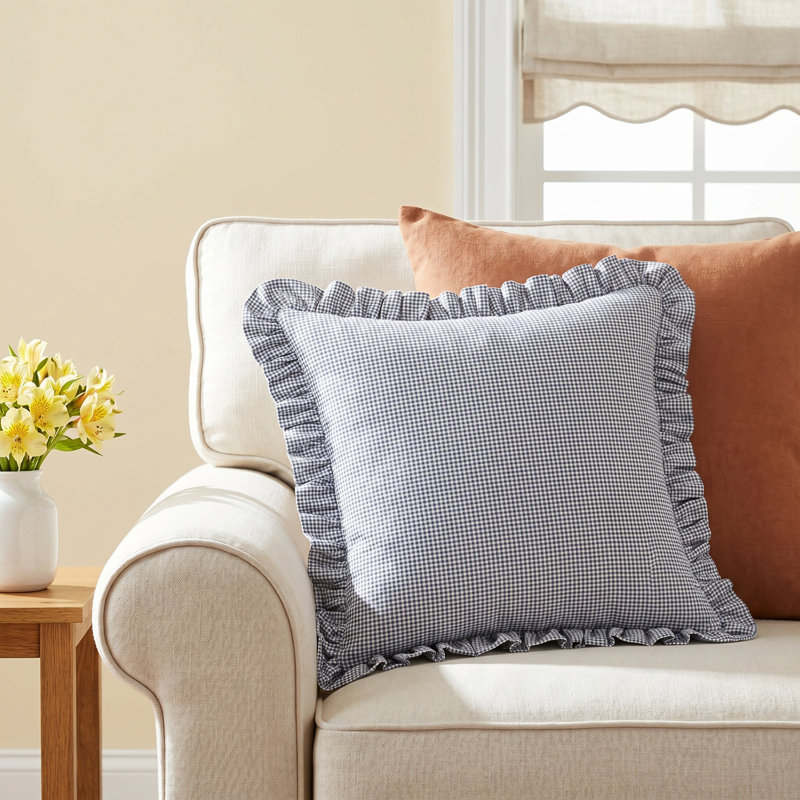 Birch Lane Mini Check Ruffled Accent Pillow, Feather, Blue