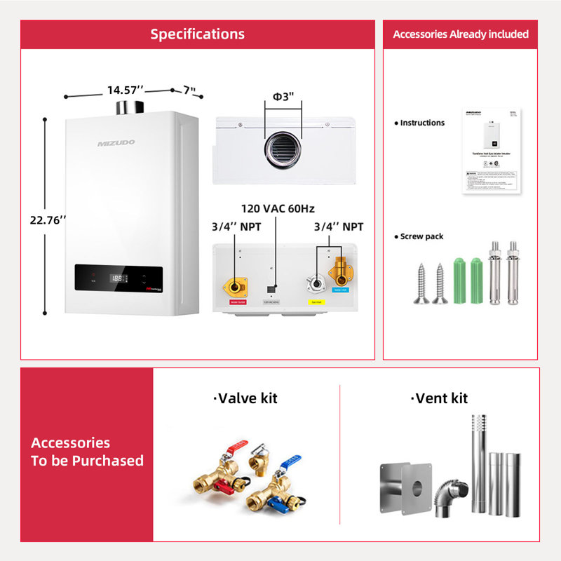 Chauffe-eau sans réservoir au propane Classic Comforts Cs120 120 000 Btu, chauffe-eau instantané jusqu'à 5,2 gallons par minute, installation à l'intérieur, certifié CSA, unité de propulsion simple ou blanche, blanc