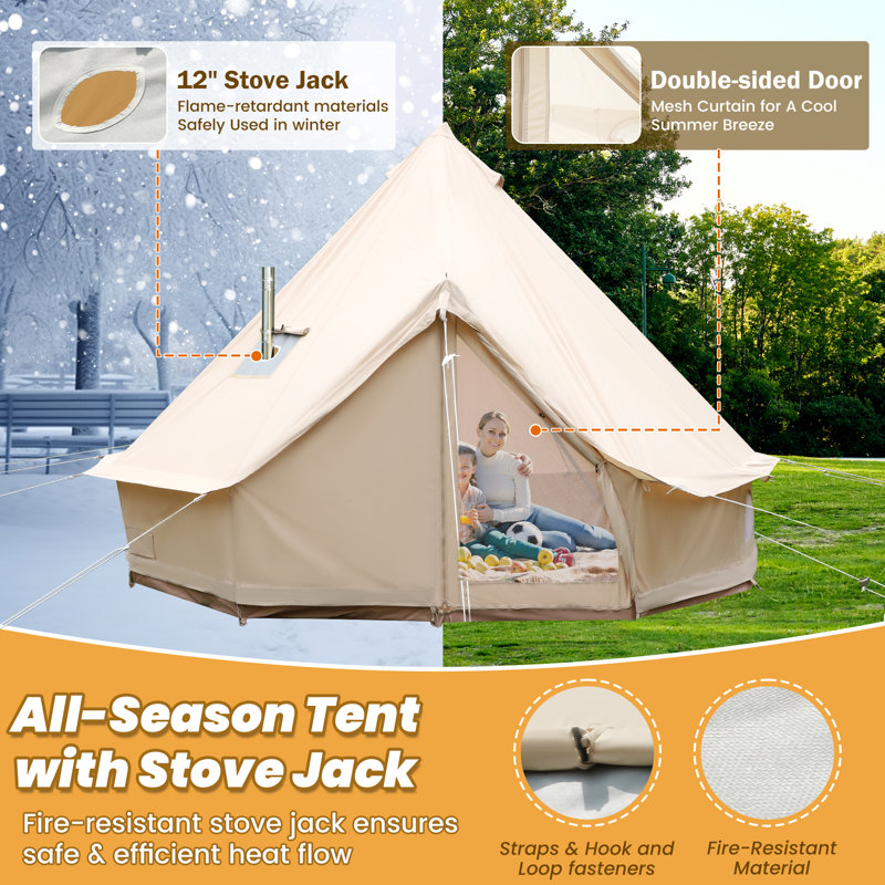 3m Cotton Canvas Bell Tent With Stove Jack, Roomy Yurt For Family Glamping Camping, 4 Season Tent With Zipped Removable Floor