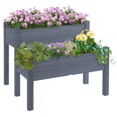 Outsunny 34"X34"X28" Raised Garden Bed/ 2-Tier Elevated Wood Planter Box For Backyard/ Patio To Grow Vegetables/ Herbs/ And Flowers/ Gray