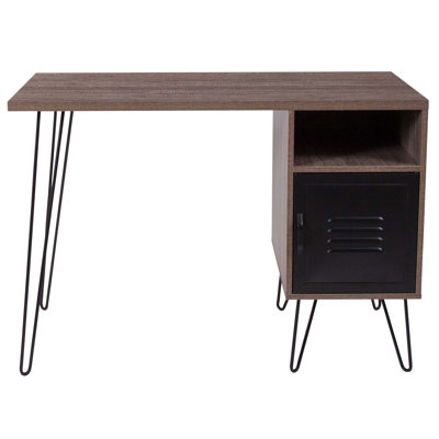 Coyer Rustic Wood Finish Computer Desk with Metal Cabinet Door and Metal Legs