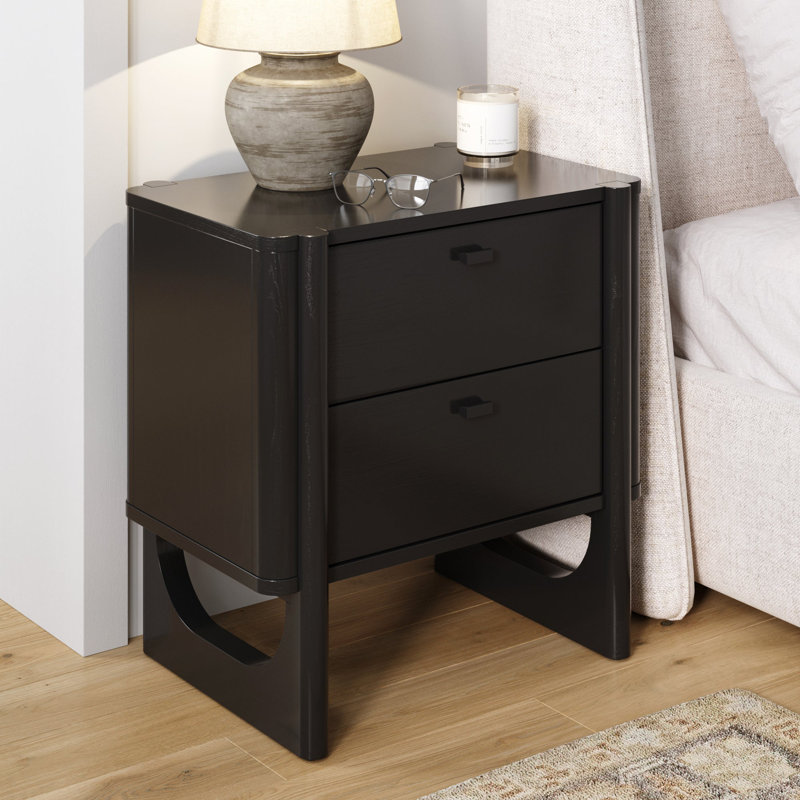 Rounded Wooden 2-Drawer Nightstand, Black Oak, Individual