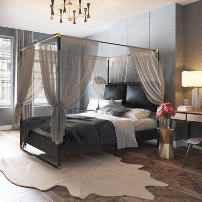 Vegan Leather Metal Canopy Bed