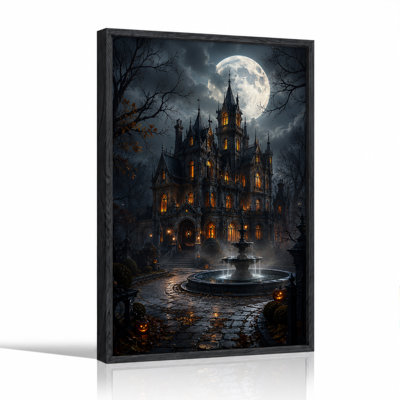 Manoir gothique avec fenêtres illuminées et citrouilles - Toile murale d'Halloween