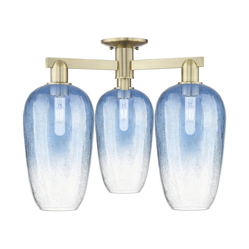 Brookhaven Flute - 3 Light Semi-Flush Mount, Bleu saphir, Laiton antique