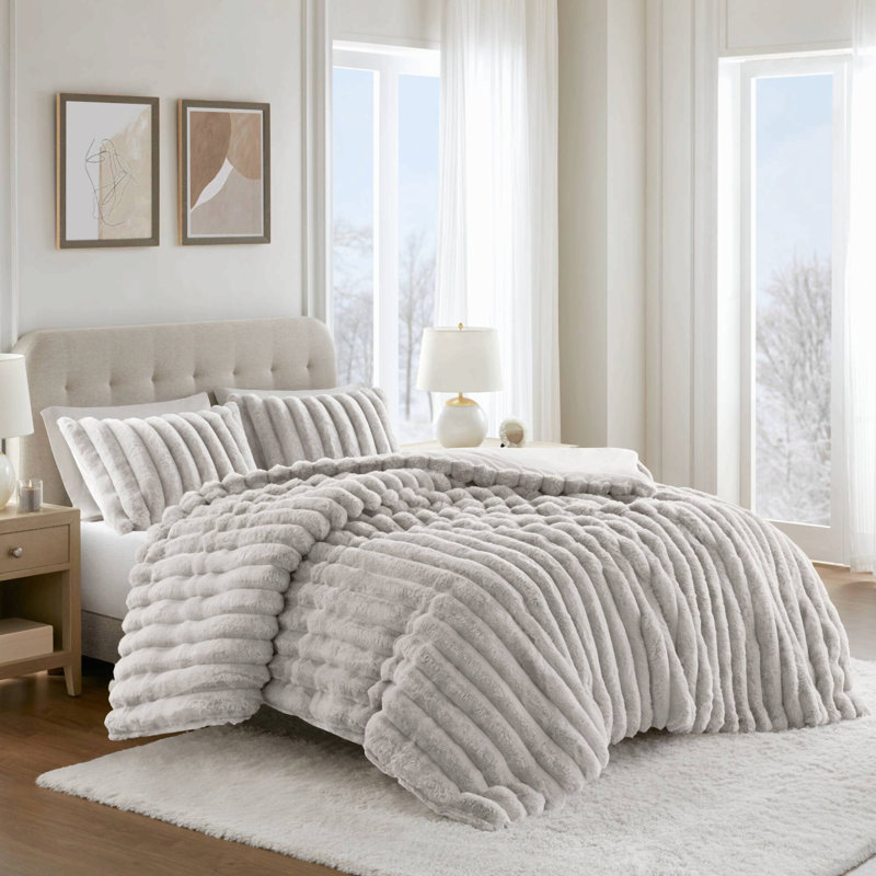 Ensemble de couette côtelée en fausse fourrure 3 pièces, gris pâle, grand lit/queen, Gris clair