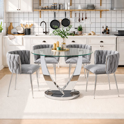 38.9" Round Glass Dining Table Set for 4, Modern Round Dining Table Set with 4 Velvet Chairs, 5 Pieces Clear Glass Dining Table set for Kitchen, Dining Room, Apartment