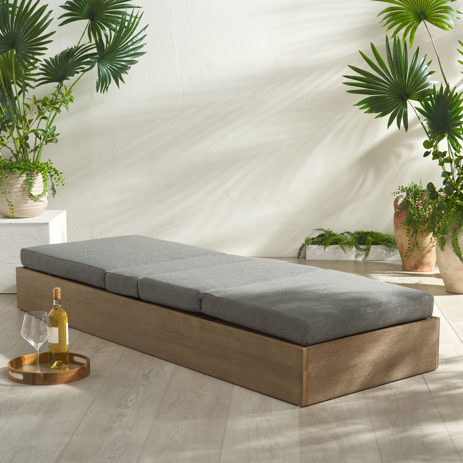 Fatima 28" Eucalyptus Patio Chaise Lounge, Dark Gray