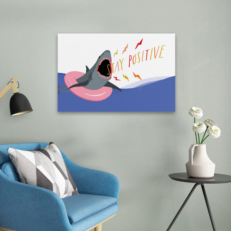 «Stay positive requin» - dessin nautique d'enfants fantaisistes, H 24 po x l 16 po