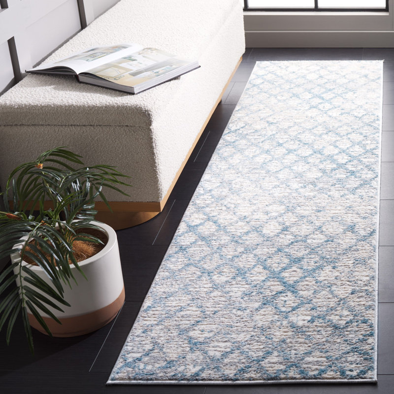 Tapis bleu / ivoire Peabody, Tapis de couloir 2 pi 2 po x 8 pi
