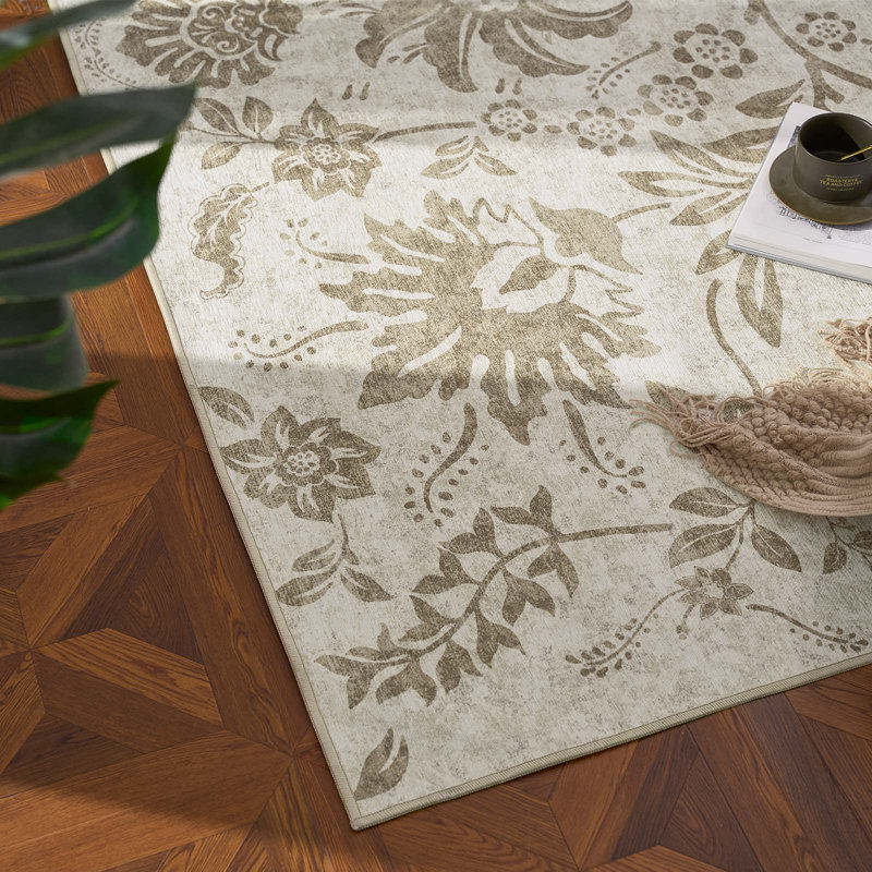 Geometric Floral Washable Non-Slip Area Rug, Timeless Taupe, 3'x 5'