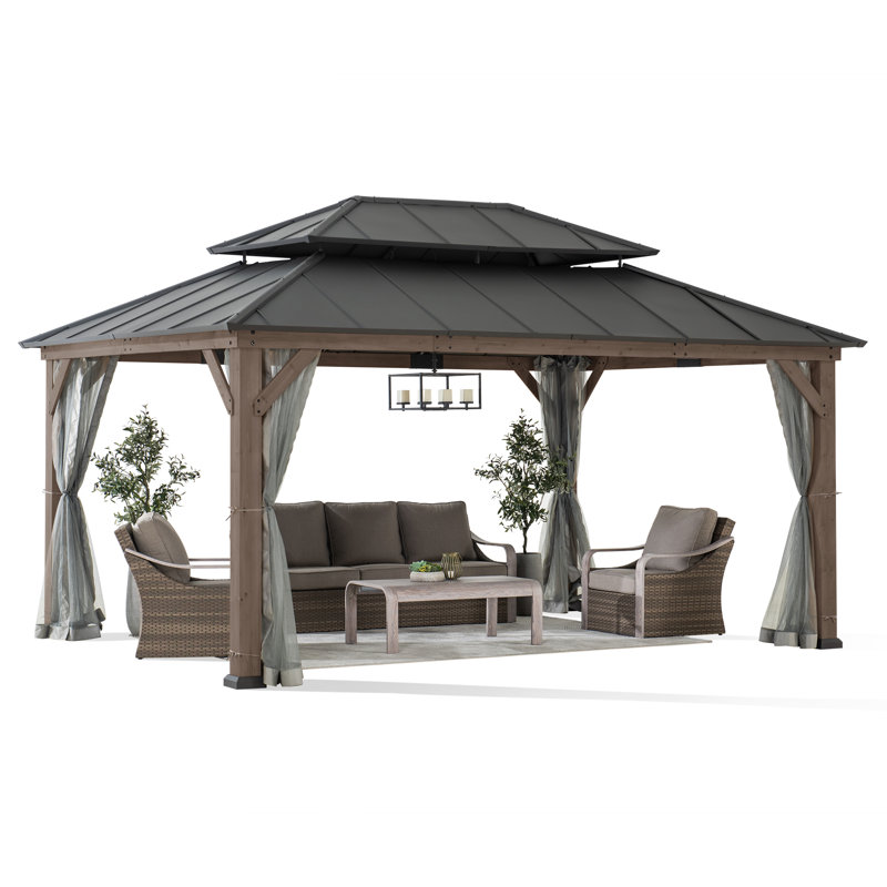 Sunjoy 12x16 ft. Wood Gazebo, Outdoor Patio Steel Hardtop Gazebo, Cedar Framed Wooden Gazebo with 2-tier Metal Roof, Suitable for Patios, Lawn, and Backyard, Dark Brown
