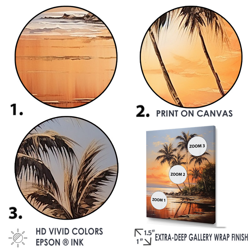 «Palm Tree Tropical Getaway Sunset Bronze Beach II», reproduction sur toile, Toile tendue, H 40 po x l 30 po x P 1,5 po