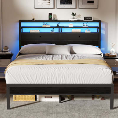 Queen Bed Frame With LED Lights, Platform Bed Headboard, Charging Station, Black