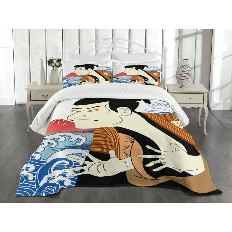Ambesonne Kabuki Bedspread Set Performer Portrait Multicolor, King Bedspread + 2 Standard Shams