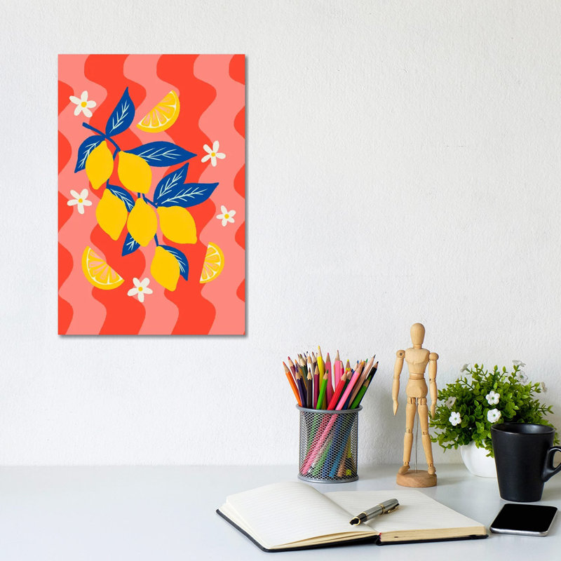 Branche de citron avec fond ondulé - reproduction d'art murale - toile tendue, H 12 po x l 8 po, Toile tendue