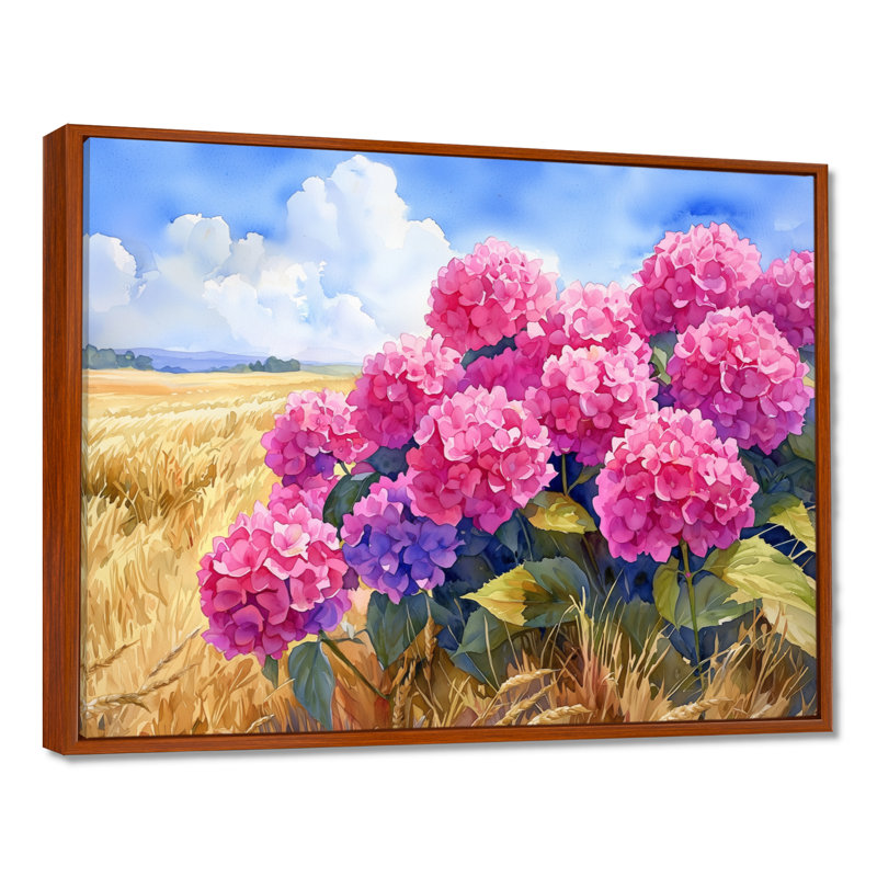 Hortensias dans le champ de céréales III - hydrangées, art mural, H 30 po x l 40 po, Brun, Impression encadrée flottante