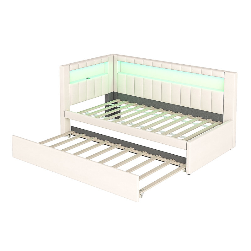 Upholstered Twin Size Platform Bed With USB Ports And LED Belt, With Trundle, White