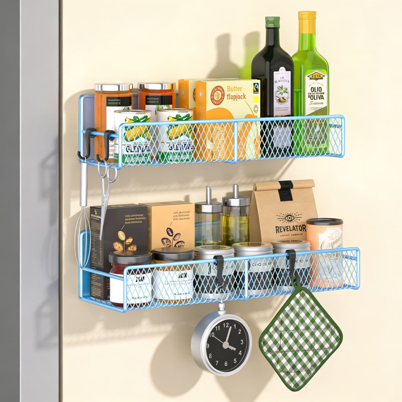 Étagère à épices magnétique avec crochets, ensemble de 2 tablettes de réfrigérateur en métal robuste pour la cuisine, la salle de lavage et le rangement à la maison