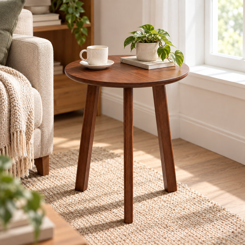 Petite table d'appoint ronde, table de chevet en bois d'hévéa massif pour petits espaces