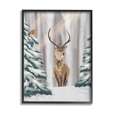 «Seasonal Deer Winter Landscape» encadré sur bois par Lemon & Sugar, impression