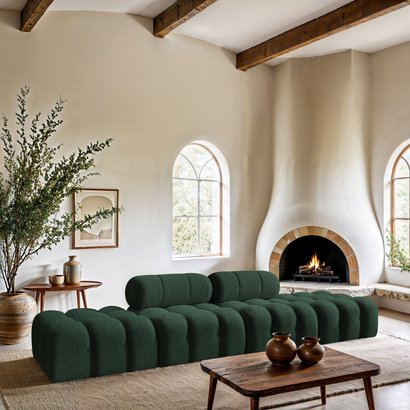 Ames Upholstered Sofa, Green Boucle Fabric, 2 Armless, 2 Ottoman
