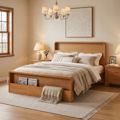 Avoca Japandi Wood Platform Bed Frame with Storage Headboard & Footboard, Open Shelving, No Box Spring Required
