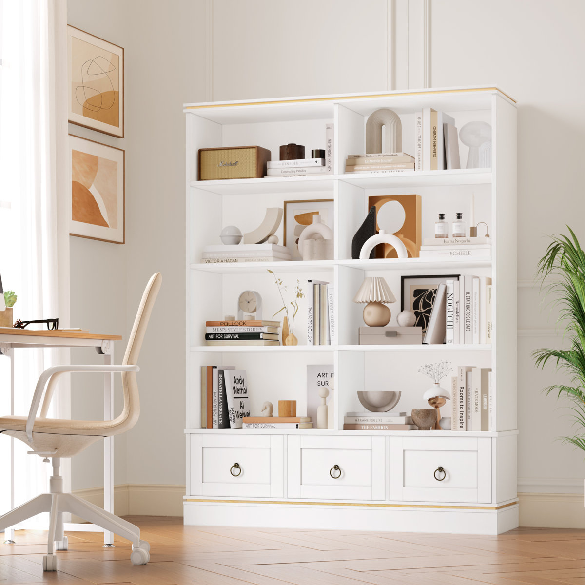 📚 Akxel 47.2" W Farmhouse Bookshelf with 3 Drawers, Wood Grain Storage Bookcase & Display Organizer, Freestanding Book Rack