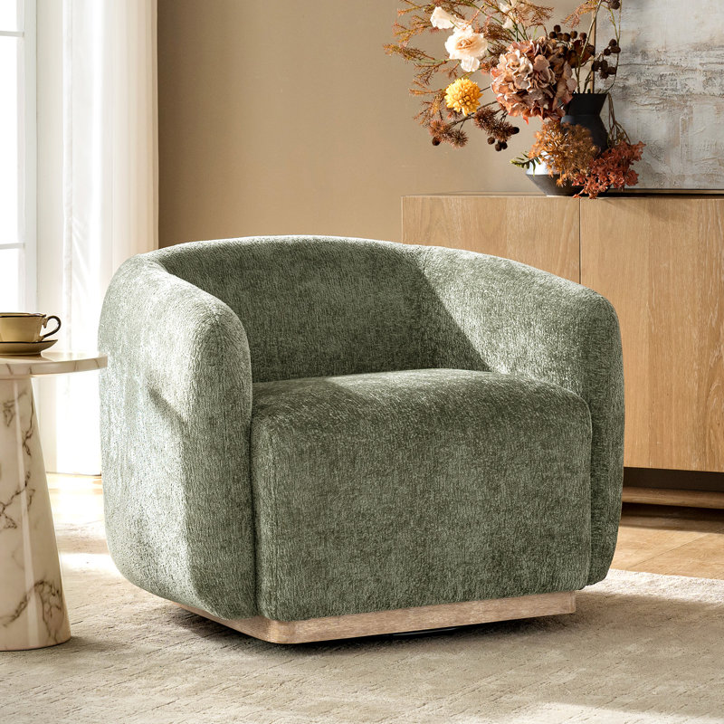 Berklie 35"W Modern Boucle Chenille Swivel Armchair With Solid Wood Base, Moss