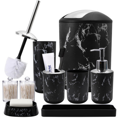 Black Marble Bathroom Accessories Set, Black Bathroom Set With Trash Can, Vanity Tray, Soap Dispenser, Soap Dish, Toothbrush Holder, Toothbrush Cup, Toilet Brush And Qtip Holders For Bathroom
