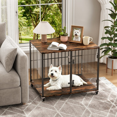 Meuble de rangement pour chien en verre trempé transparent transparent de 30,5 pouces, table de bout pour animalerie, chenil en bois sur roulettes avec table de chevet à porte pour l'intérieur