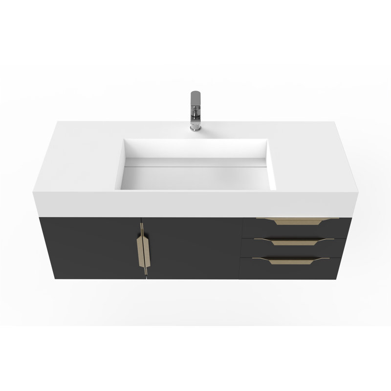 Meuble-lavabo mural simple 48 po avec comptoir à surface solide 48 po, Blanc, Doré, Noir