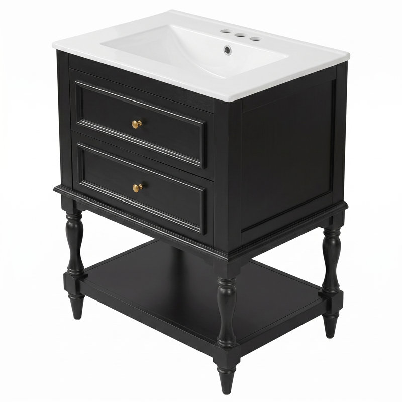 Meuble-lavabo de 24 po au design rétro avec lavabo en céramique standard, noir, 2 tiroirs et tablette ouverte, disposition de plomberie personnalisée, facile à nettoyer