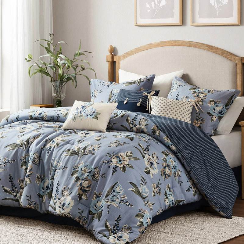 Édredon très grand 7 pièces avec imprimé floral rétro, design réversible, texture, entretien facile, douceur semblable au nuage de 7 pièces et côtés rayés, confort toutes saisons