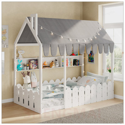 Lit simple pour enfants Montessori, lit sur pied avec garde-corps, tente, lumières et 3 tablettes de rangement