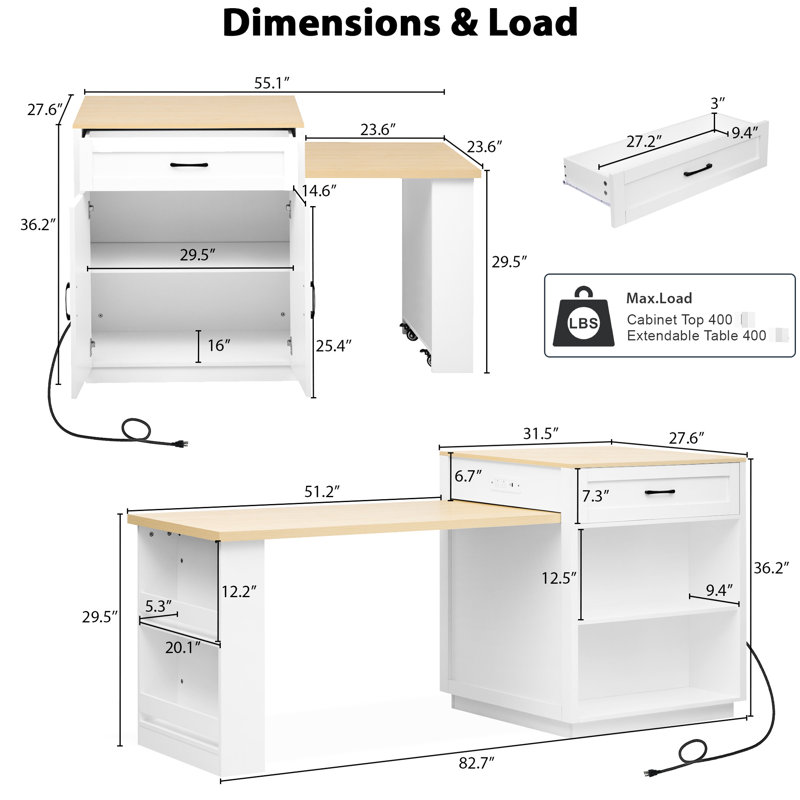 82.7 Inch Kitchen Island With Extendable Table For 2-6, White Wood Grain, Double Storage, Power Outlet, 2 Side Shelves, Strong Base Dining 4-6 Persons, White, Double Drawers, Open Shelf, Classic
