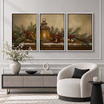 Décoration murale de Noël avec lanternes et branches de pin, tableau pour le salon, impression giclée sur toile encadrée en 3 parties - 3 pièces de 40,6 x 61 cm et 3 pièces de 61 x 91,4 cm
