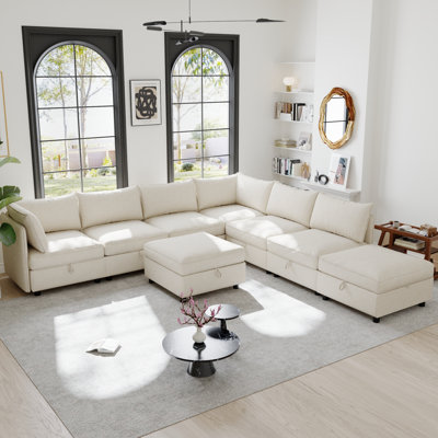 Spacious Modular Sectionals Sofa, Beige Chenille, Modern Home Living