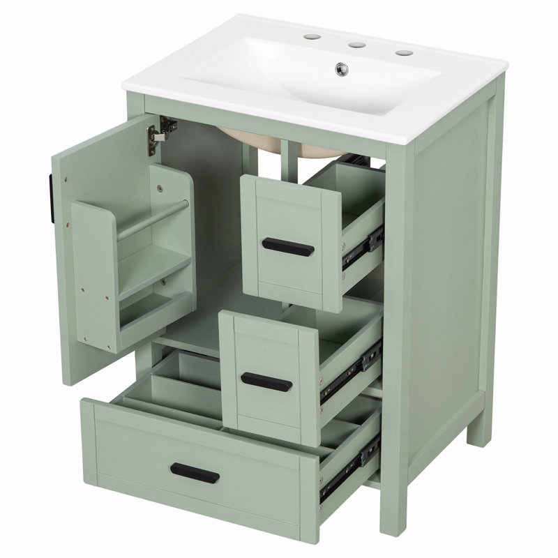 Meuble-lavabo moderne de 24 po avec lavabo en céramique, porte à fermeture douce, tablette de porte à double couche et 3 tiroirs