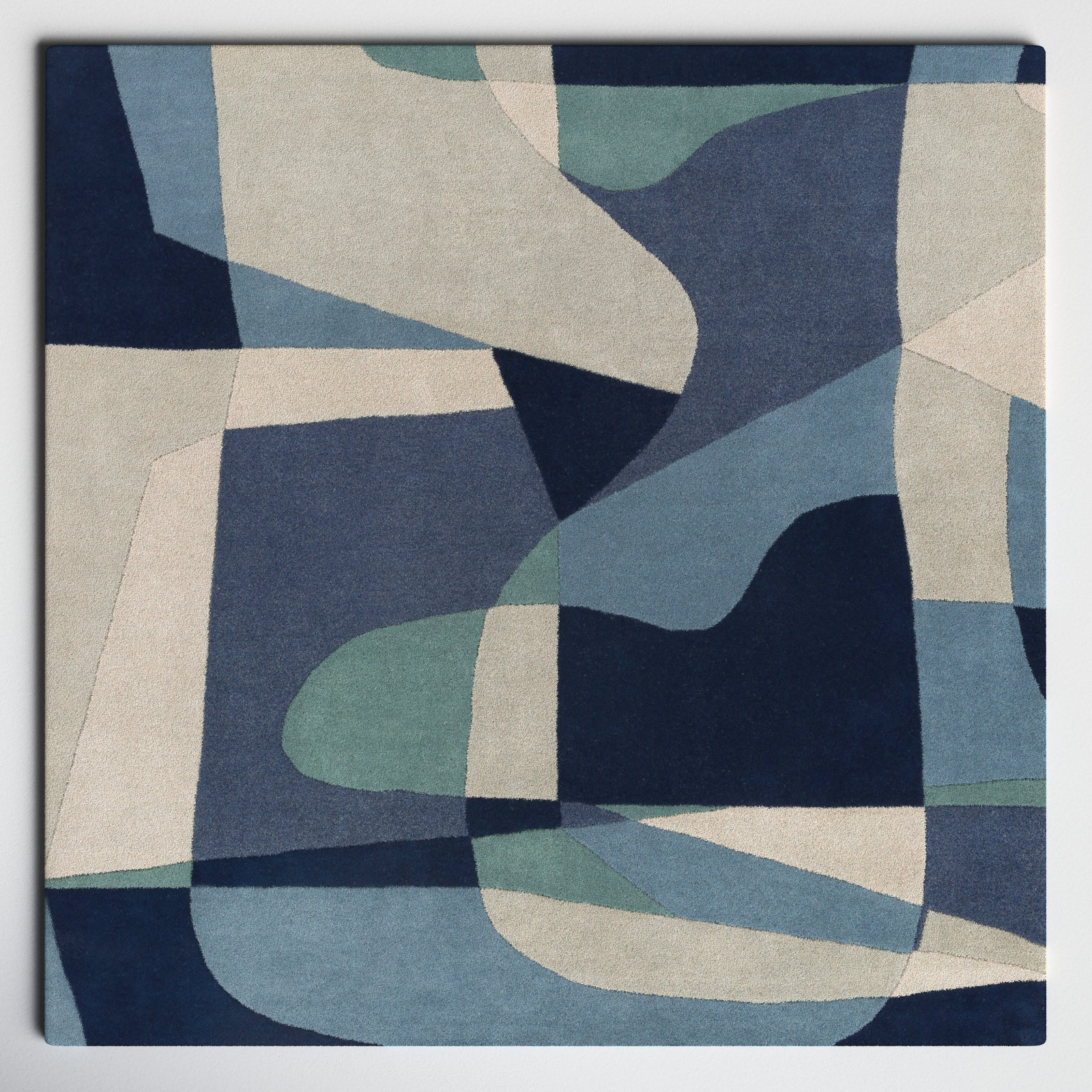 Gaye Teal Navy Beige Hand-Tufted Geometric Rug, Square 4'
